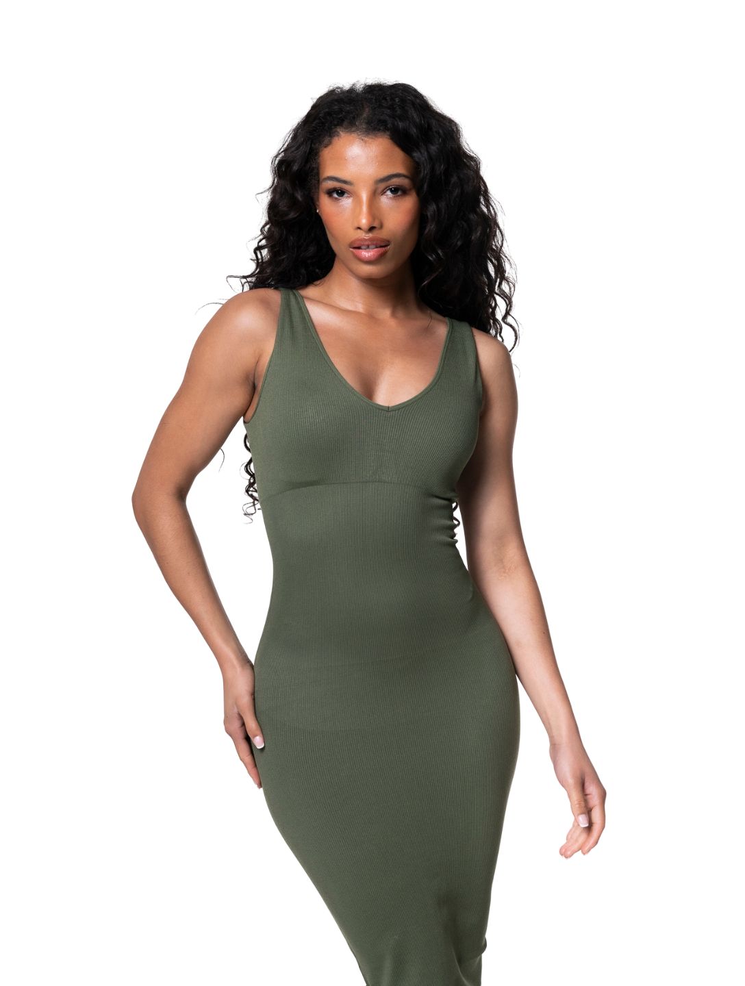 Nahtloses Midi-Kleid mit tiefem V-Ausschnitt